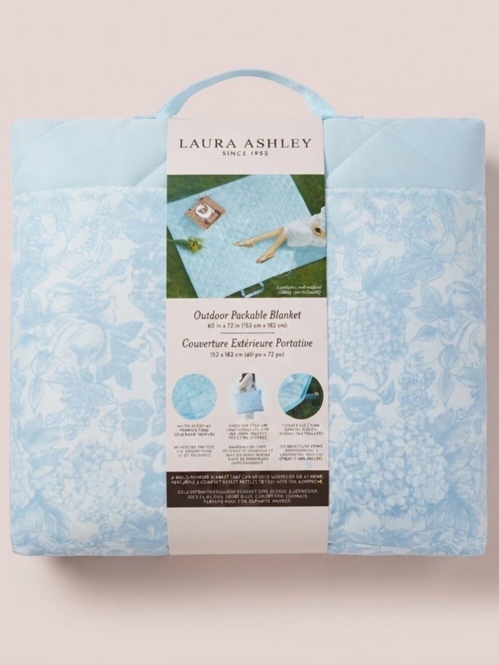 NWT Laura Ashley Light Blue Floral Outdoor Packable Blanket
